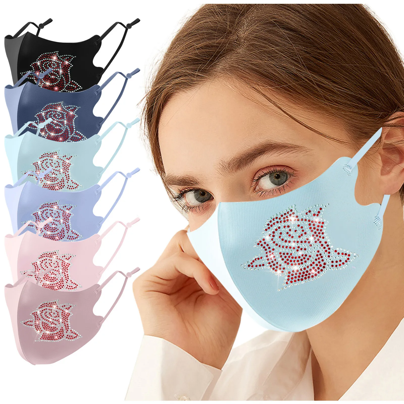 

6PC Fashion Rose Water-saving Diamond Sequined Mask Adjustable Breathable Anti Dust Face Masks Floral Rhinestones Glitter Mask