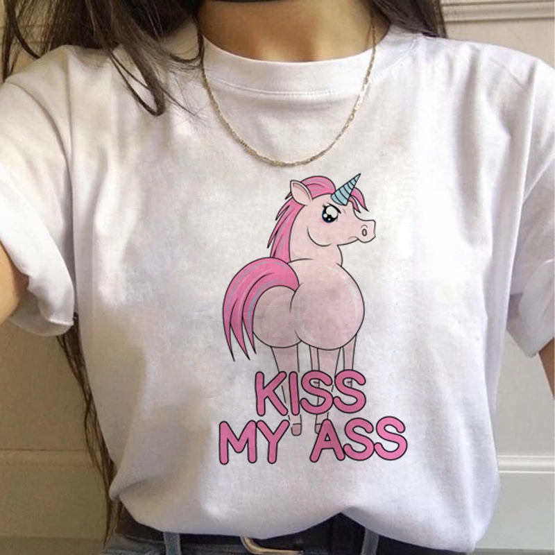Единорог Kawaii Harajuku футболки женские милые Unicornio Ullzang мультфильм футболка 90s Забавный принт футболки с графическим изображением женские - Цвет: 7558