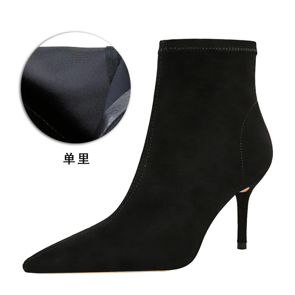

nightclub heel slim heel pointed style fashionable and high heel suede thin short boots and bare