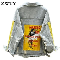 zwty spring autumn denim jacket hand painted pattern chic coat letters print cool girl jeans jacket fashion korean version outwe