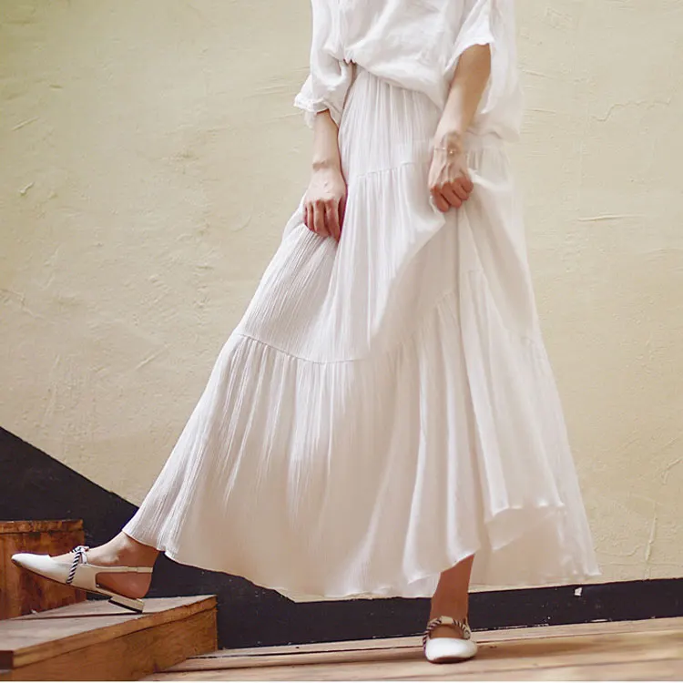 

Женская длинная юбка с завышенной талией, белая эластичная юбка-трапеция из хлопка и льна, лето 2021