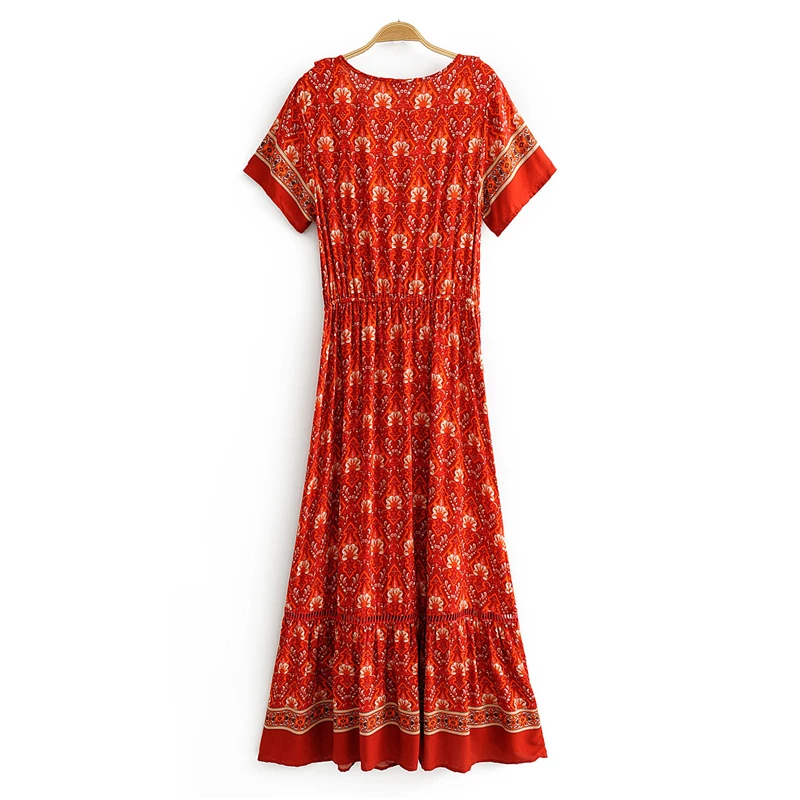 Женское платье макси с кисточками красное цветочным принтом и длинным рукавом