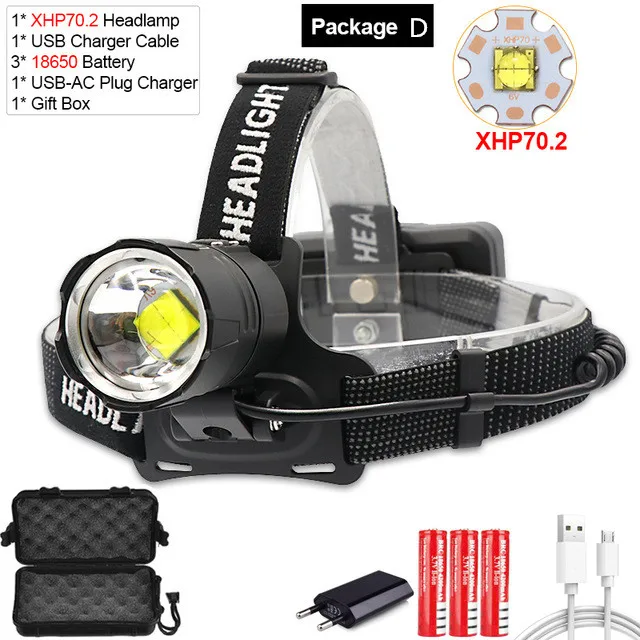 Package D 100000LM XHP70.2 светодиодные фары XHP70 желтый белый светодиодные фары рыбалка кемпинг зум заряжаемый через интерфейс USB фонарь использовать 3*18650 батареи - Испускаемый цвет: Package D