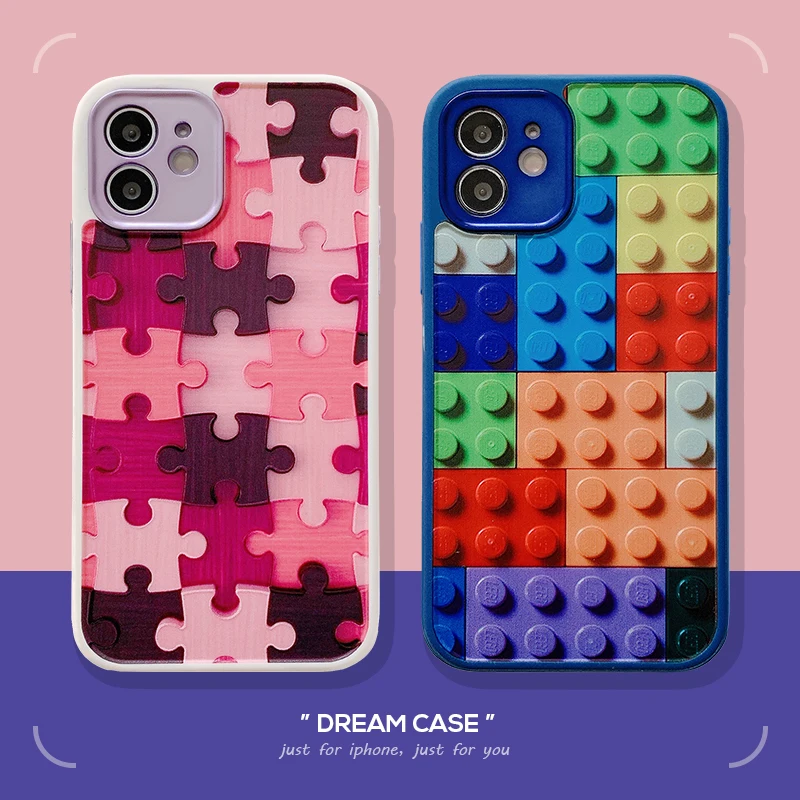 

Fashion 3D Art Building Blocks Puzzle Phone Case for Apple IPhone11 12Pro Max 7 8plus XR XS MAX 12 Mini Plating Hole Soft Cover