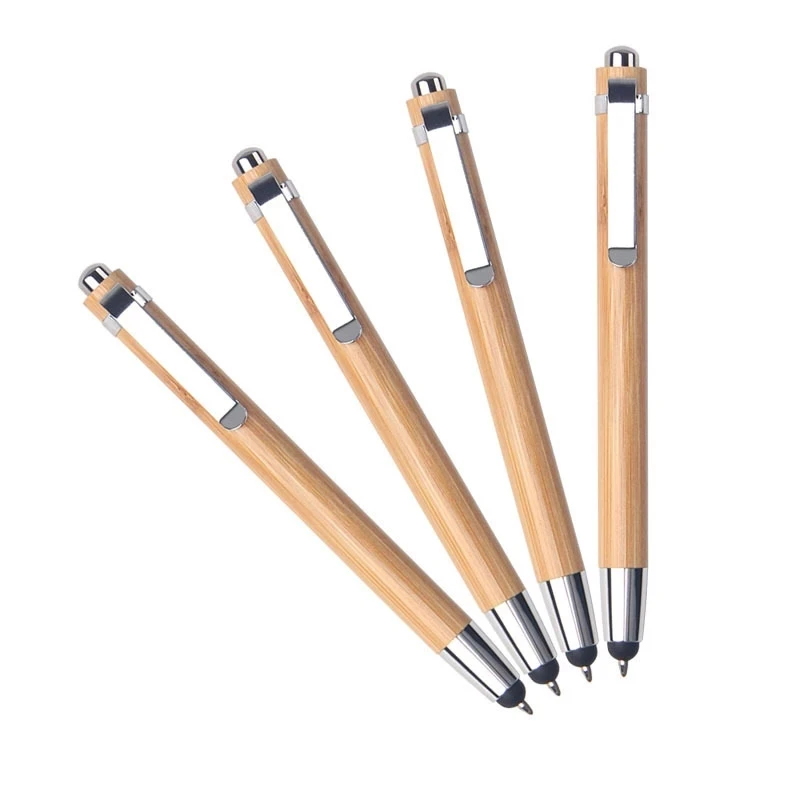 

50 pcs/lot Bamboo Ballpoint Pen 2 In 1 Stylus touch pen With Silver Clip Office School Supplies Pens Writing Supplies Gifts