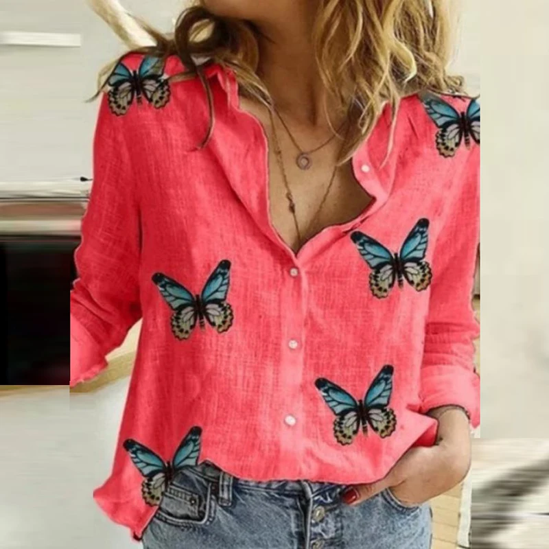 

New Butterfly Paw Print Print Ruffled Shirt Office Ladies 2020 Spring Autumn Long Sleeve Loose Fashion Women Sexy V-Neck Top