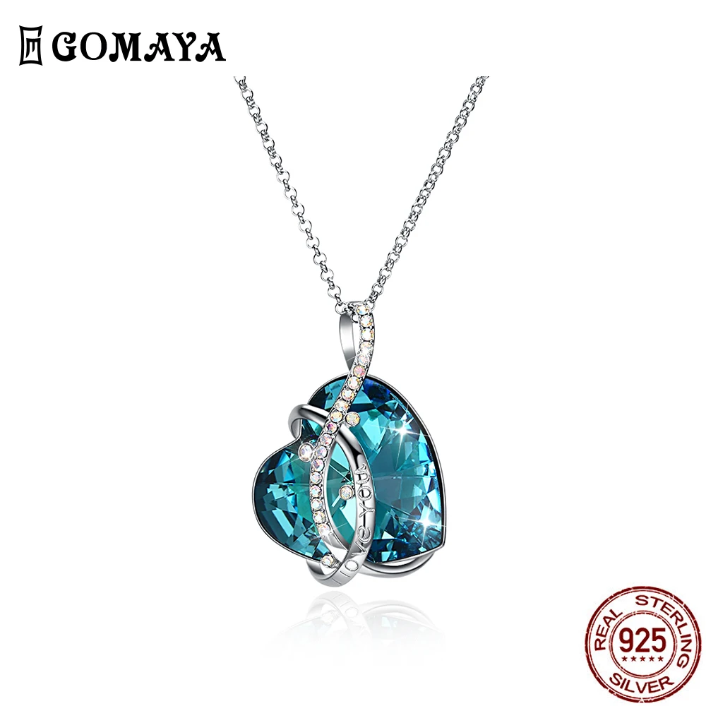 

GOMAYA 925 стерлингового серебра Lrregular линии с подвеской в виде сердца из синяя длинная цепочка, со стразами, колье для женщин, хорошее ювелирное ...