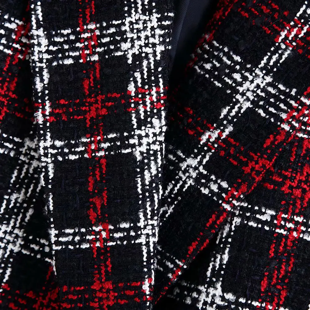 TRAF Women Office Lady Plaid Double Breasted Tweed Blazer Coat Vintage Fashion Long Sleeve Pockets Ladies Outerwear Chic Tops