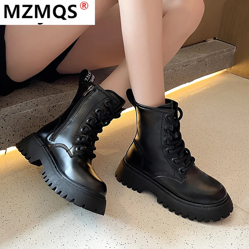 

Женские мотоциклетные ботинки, осенние женские ботильоны из искусственной кожи на массивной платформе, новинка 2021, женские ботинки с кругл...