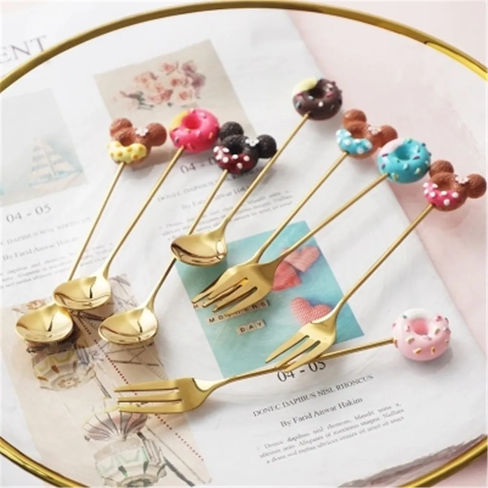 Вилка ложка золотая из нержавеющей стали 304 с рисунками мультфильмов|Ложки| |