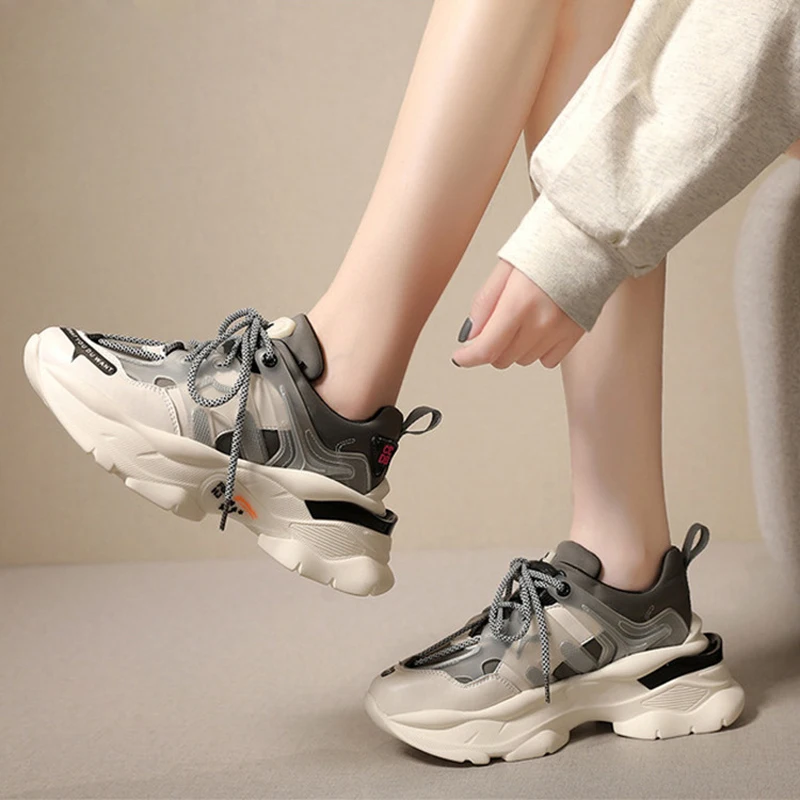 

Casual Increased Shoes Women Platform Sneakers Real Leather Brand 2019 Autumn Ladies Chunky footware Female Trainer Breathable