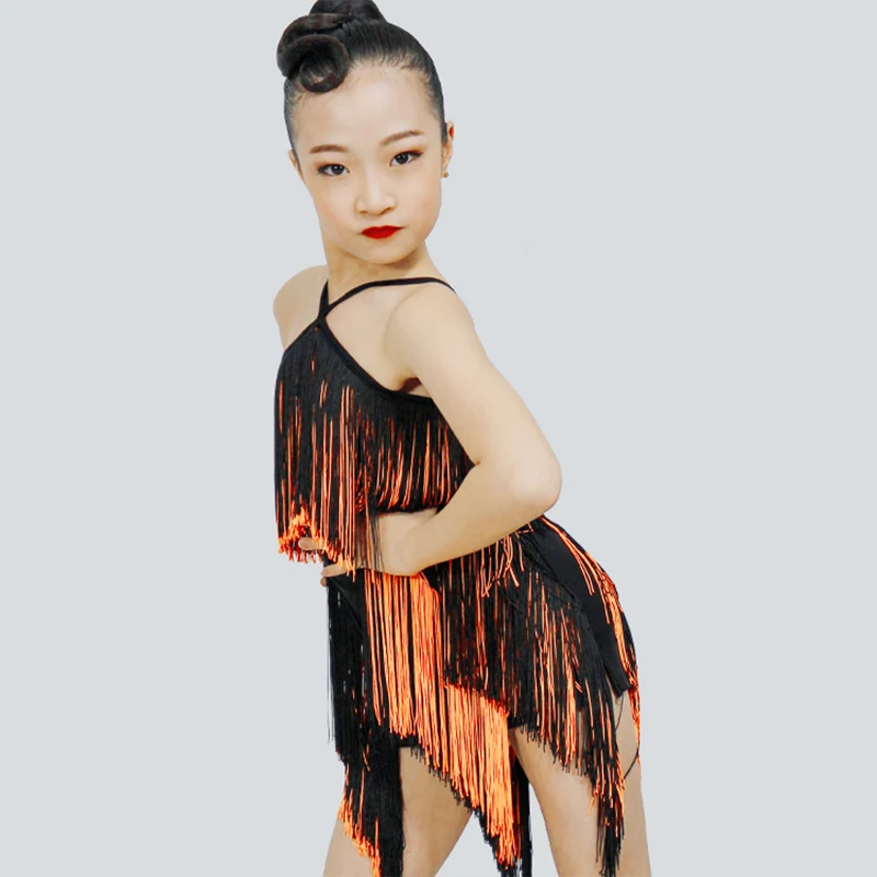 

Latin Dance Dress Black&Orange Fringe Dress For Women/Girls Latina Competition Clothes Samba Salsa Rumba Practice Dress BL5571