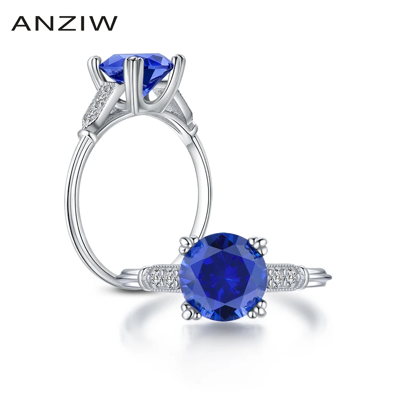 ANZIW 925 пробы Серебряные кольца Для женщин Обручение 2ct круглые синие камни
