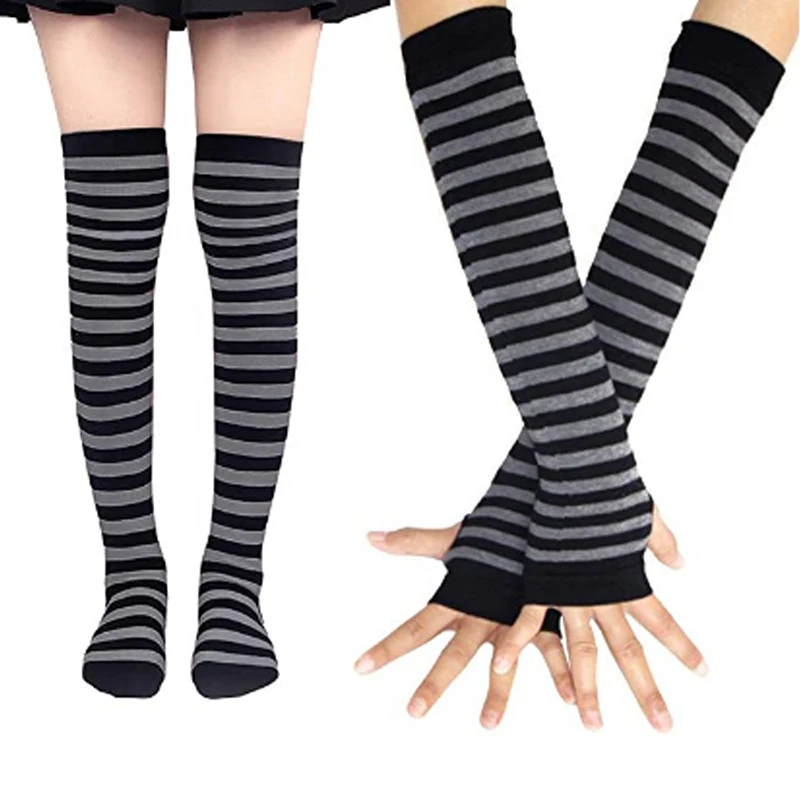

NEW Women Girls Over Knee Long Stripe Printed Socks Arm Sleeve Striped Gloves Sexy Thigh High Stockings Striped Gloves Socks Set