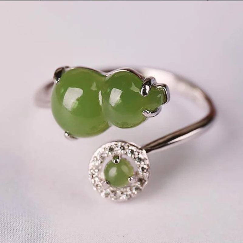 

New design silver inlaid natural Hetian green chalcedony gourd opening adjustable ring China retro charm ladies jewelry