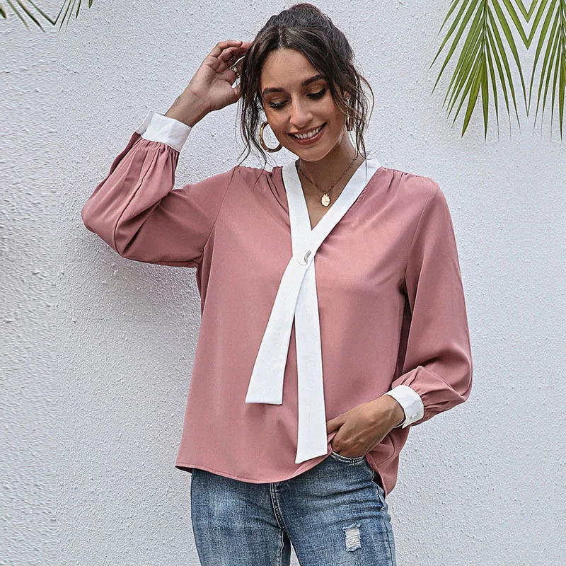 

Fashion Casual Ladies 2021 New Spring Summer Solid Blouse Long Lantern Sleeve V Neck Loose Chic Tops For Women