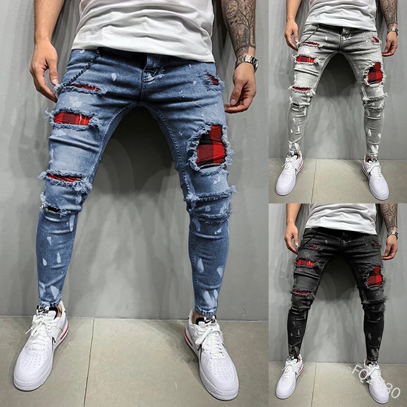 

Men Hole Jeans Slim Pencil Pants Skinny Ripped Denim Male Patchwork Patch Beggar Pants Street Hip Hop Biker Cowboy Clothing