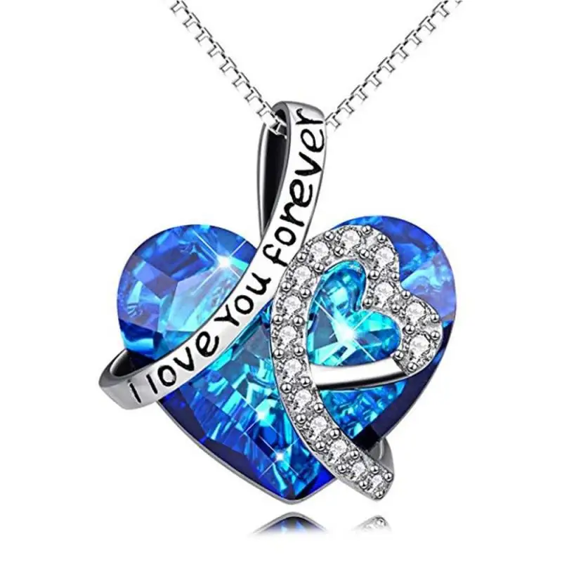 

Necklace Women I Love You Forever Stainless Steel Jewelry Crystal Heart The Sea Locket Clavicle Chain Gift Collares Para Mujer