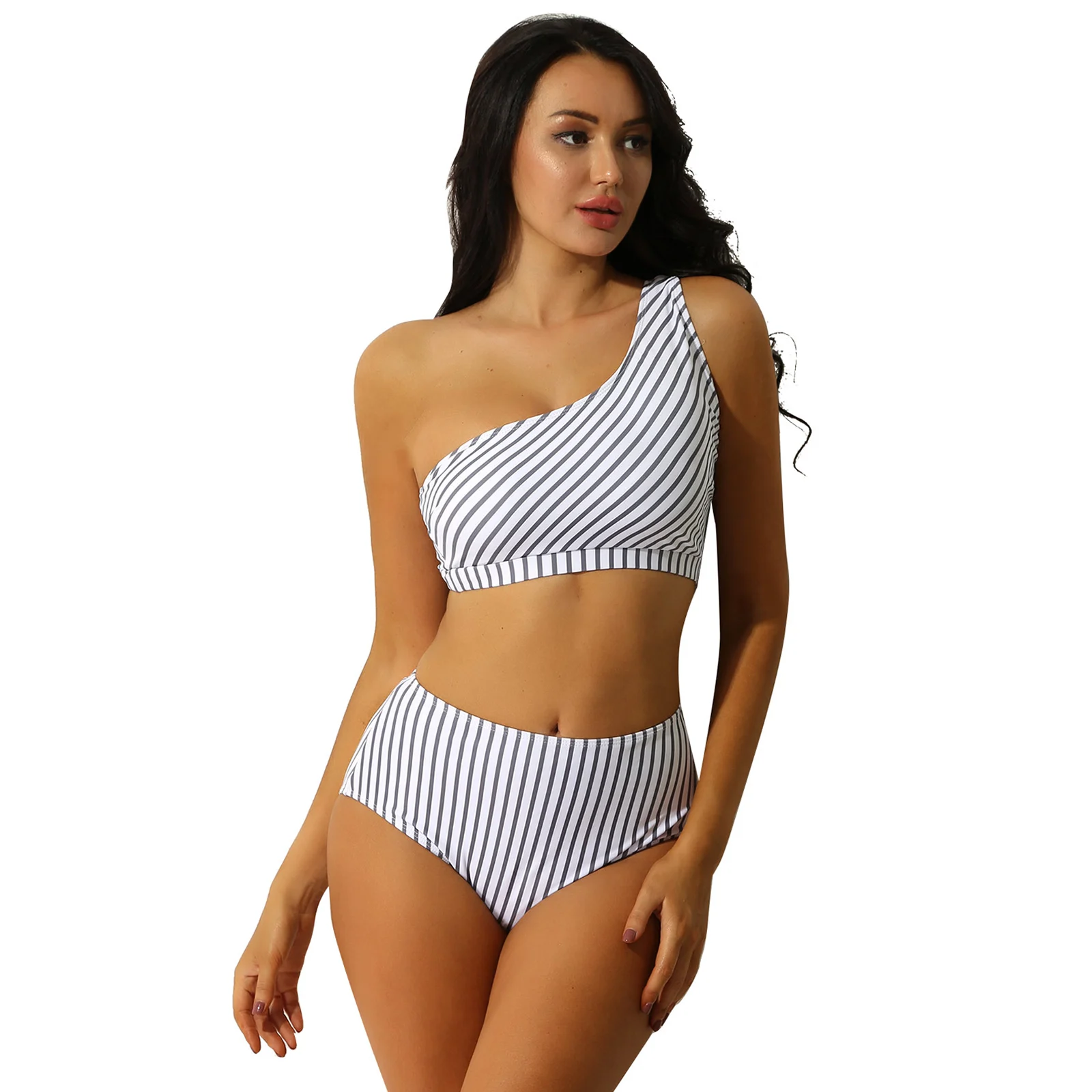 Women Sexy Swimwear One Shoulder 2 Piece Removeable Pads Swimsuit Bra Top with High Waist Triangle Briefs Bikini Bathing Suit |