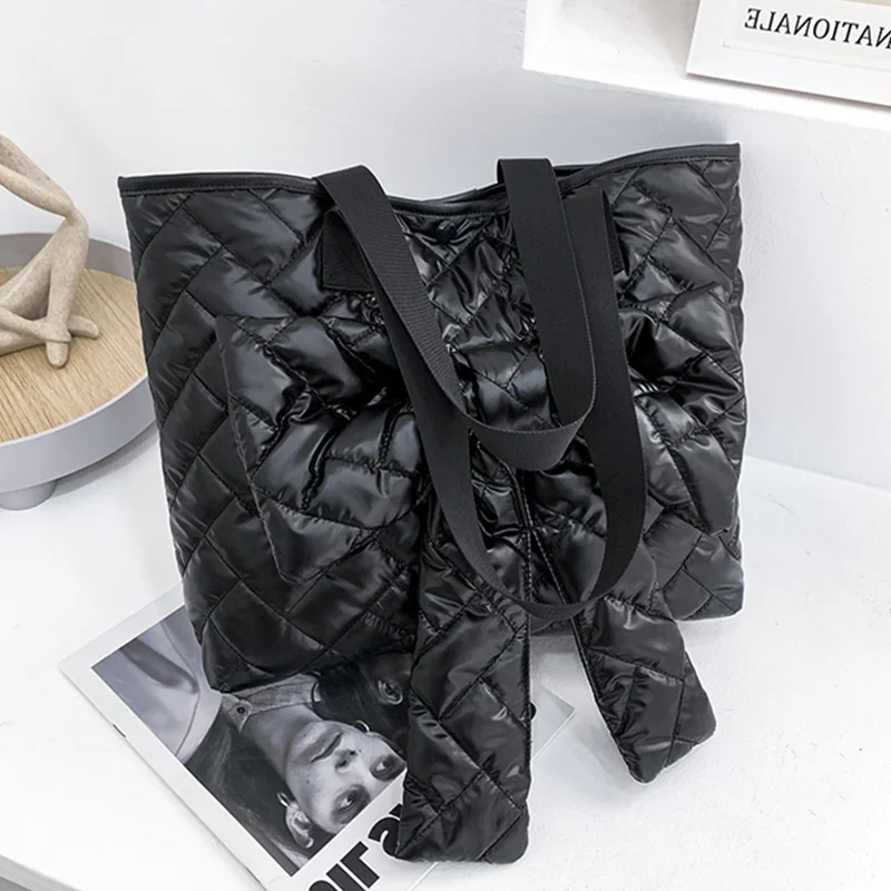 

Casual Space Pad Cotton Women Handbags Designer Shoulder Bags Nylon Bow Down Feather Crossbody Bag Large Capacity Tote Sac Purse