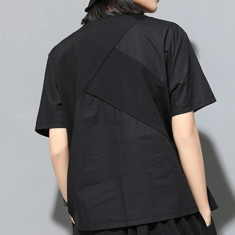 Женская футболка с круглым вырезом EAM черная коротким рукавом и разрезом большие