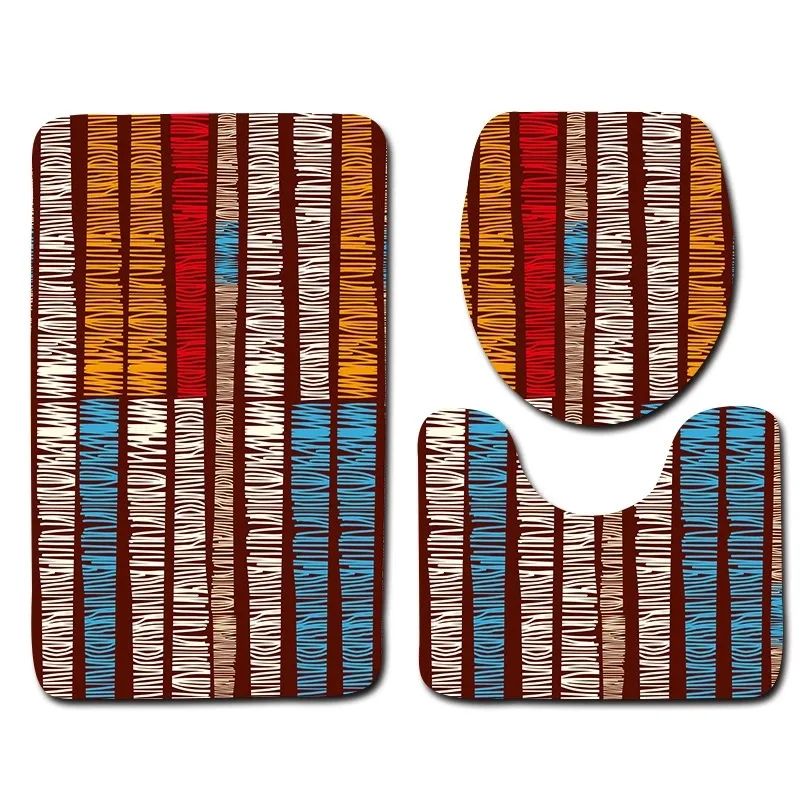 

Abstract Geometric Pattern 3Pcs Bathroom Carpets Set Floor Mat Toilet Bath Mat Set Washable Pedestal Rug Lid Toilet Cover Carpet