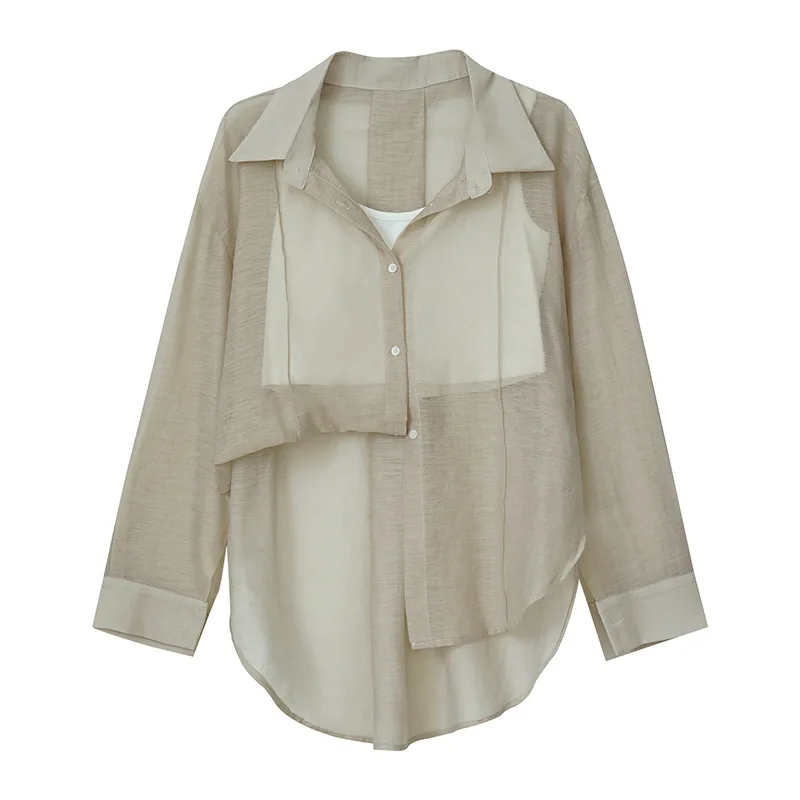 

TVVOVVIN Korean Summer New Fashion Fake Two-piece Solid Color Loose Stitching Long Sleeve Perspective Shirt For Female GDRY