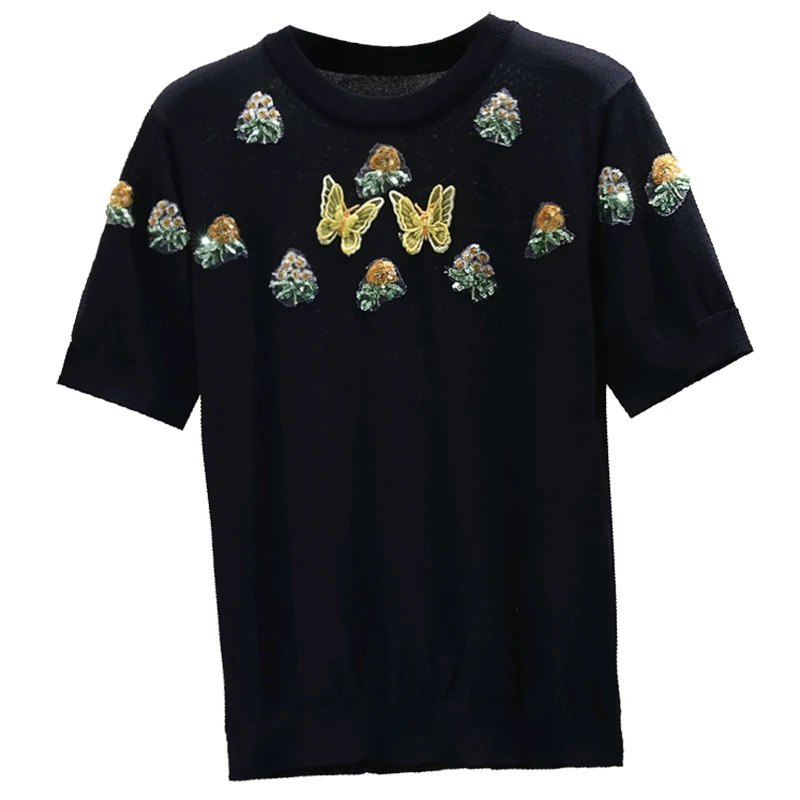 

2020 Summer T Shirt for Women's Elegant Tshirt Girls Three-dimensional Butterfly Embroidery Short-Sleeved Loose Thin T-shirt Top