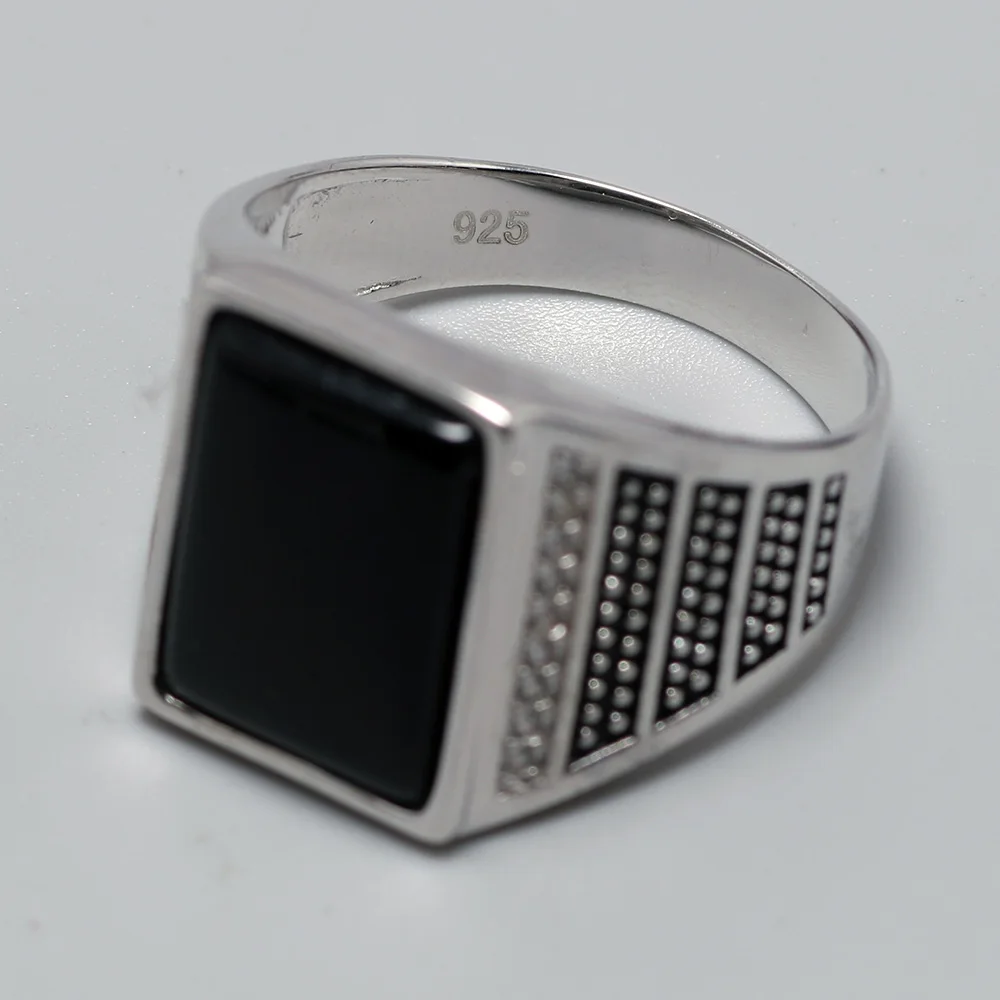 Guaranteed Silver s925 Vintage Mens Rings Natural Black Stone Turkey Ring For Gentlemen Micro Zircon Paved Turkish Jewelry