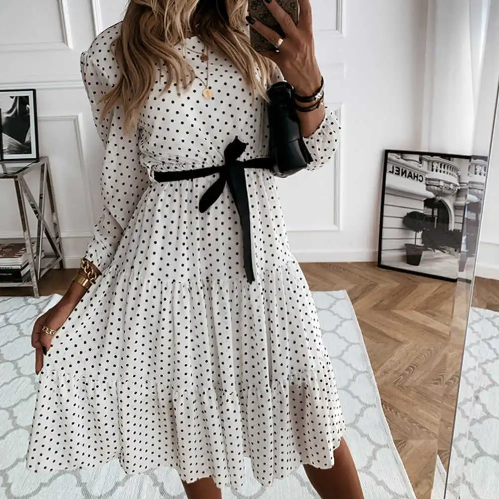 

MUICHES Casual White Polka Dot Dress Woman O-Neck Lantern Sleeve Belt Elastic Waist Ruffles A-Line Dress 2021 Holiday New