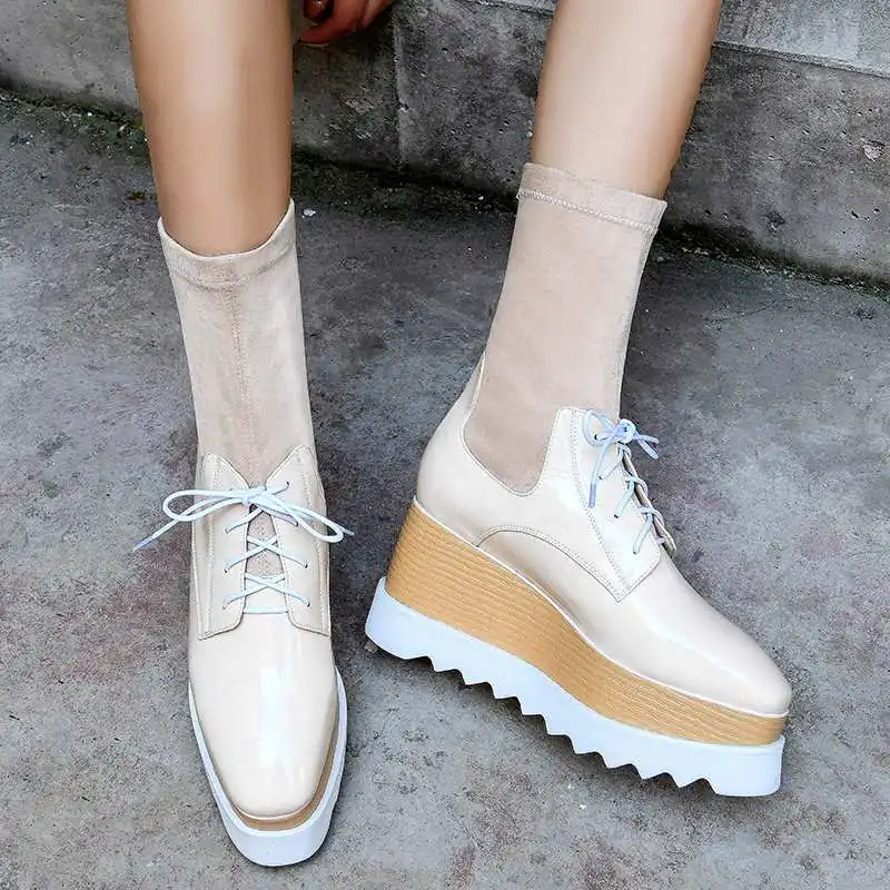 

Lenkisen cow leather flock stretch boots mixed colors square toe high heels thick bottom winter warm women mid-calf boots L02