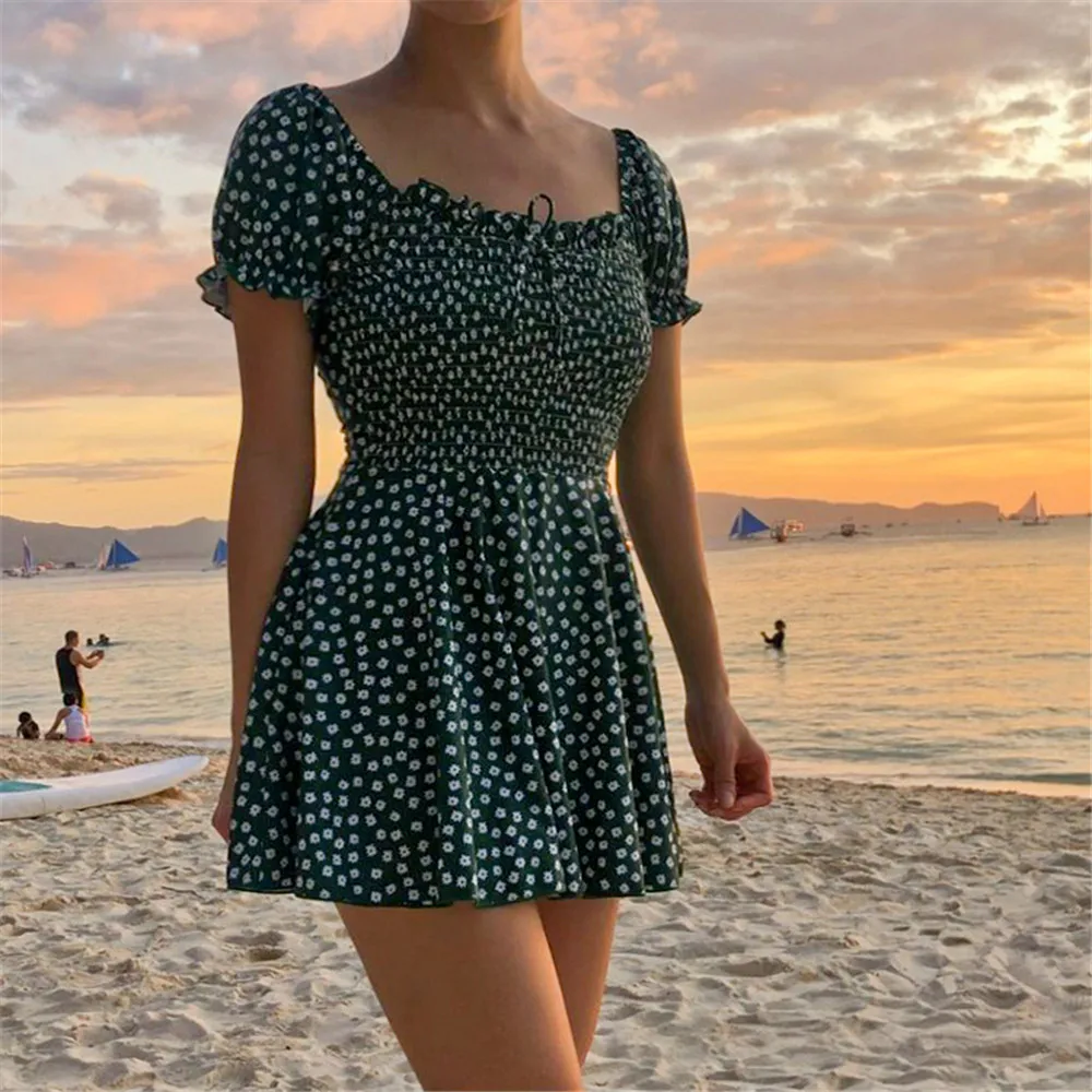 Skirt One Piece Swimsuit Women Dot Swimwear Ruffle Monokini Push Up Pad Swim Suit Korea Bathing Short Sleeve Pleated Green |