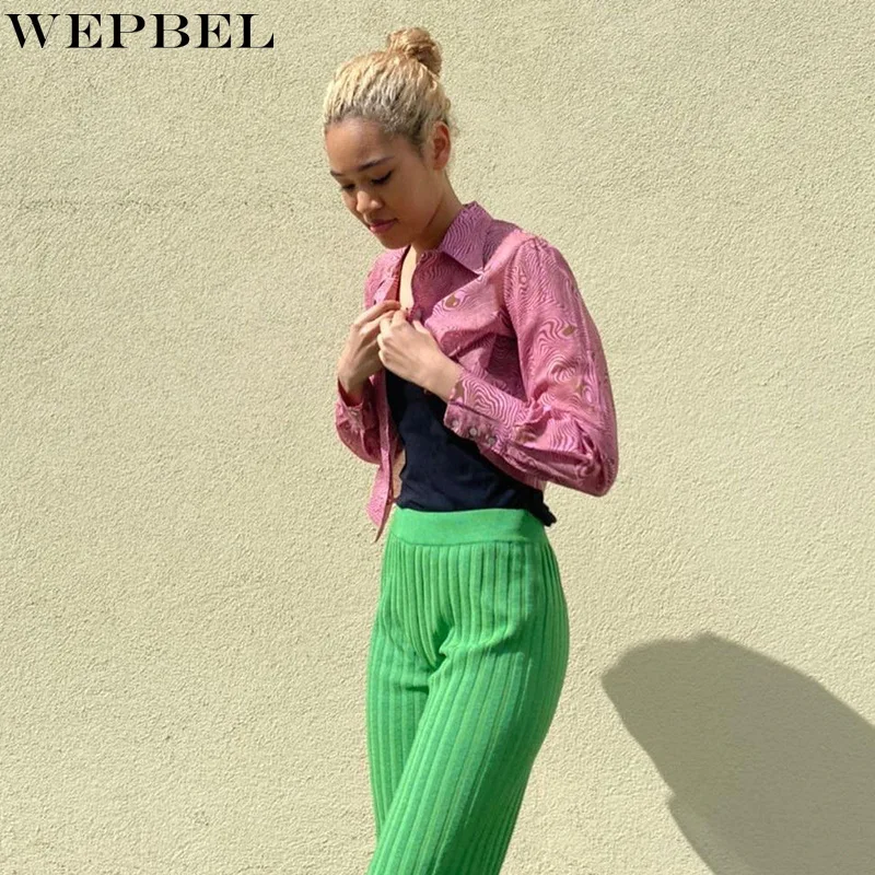 

WEPBEL Women Elegant Spring Print Chiffon Shirt Top Ladies Sexy Long Sleeve Turn Down Collar Single Breasted T-shirt Blouse