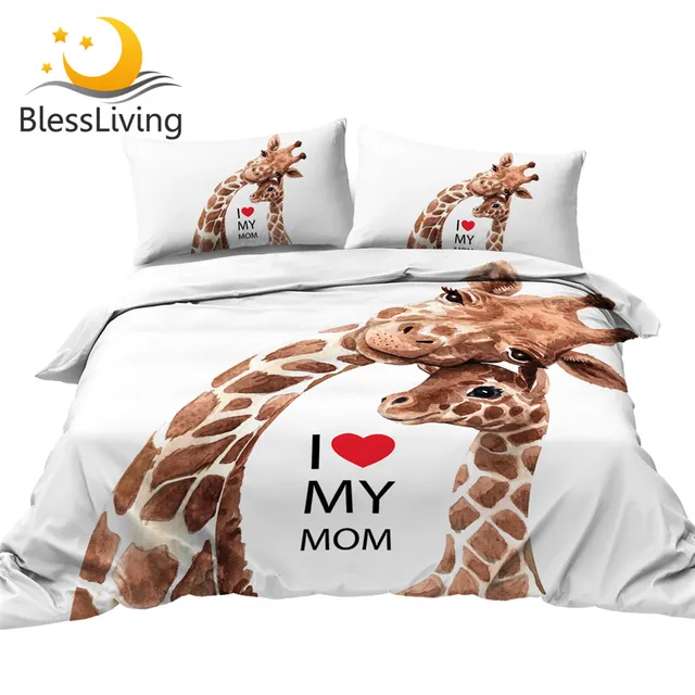BlessLiving Giraffe Family Bedding Set Safari Animal Duvet Cover Watercolor Bedspreads Mom and Baby Bed Set Queen King Dropship 1