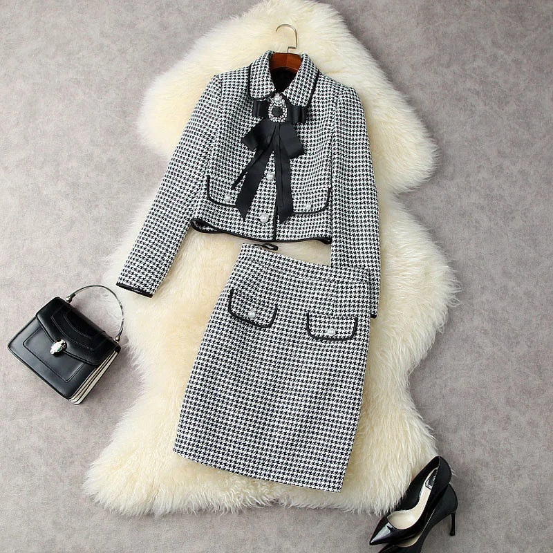 

Женский дизайнерский подиумный костюм, комплект из куртки и мини-юбки в стиле «гусиные лапки» с бантом, 2021