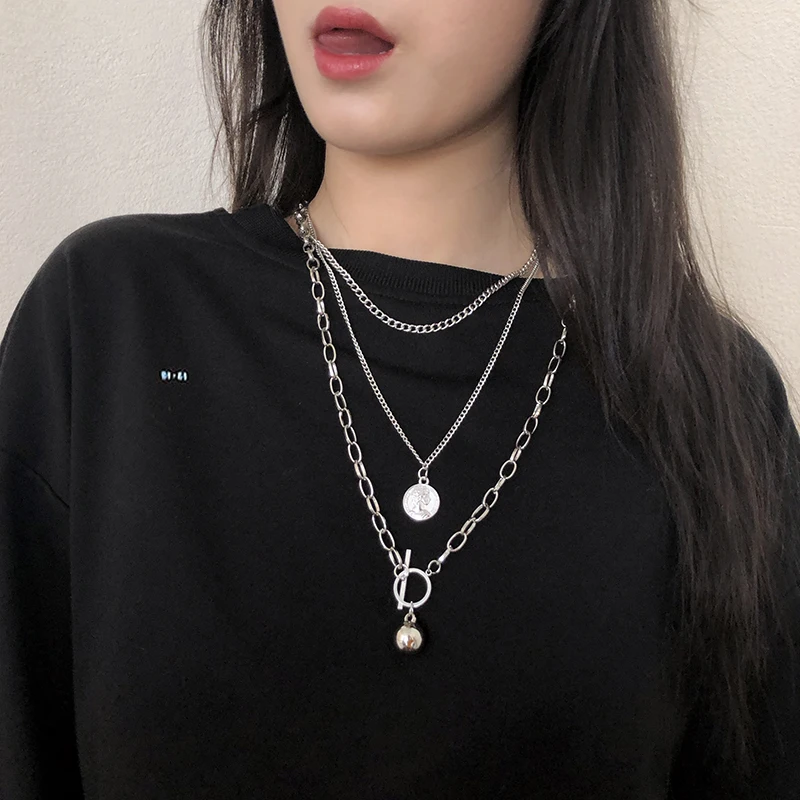 

Necklace female hipster ins net red hip-hop accessories Korean version of personality double pendant sweater chain cold wind dec