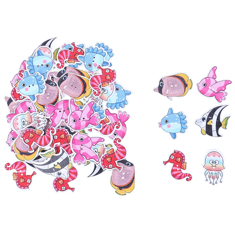 

50pcs Mixed Animal Fish Wooden Buttons For Clothes Crafts Sewing Decorative Needlework Scrapbooking DIY Accessories