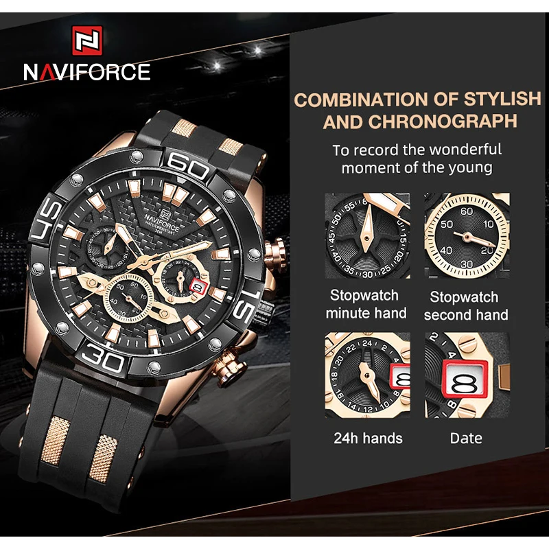 

NAVIFORCE Top Brand Luxury Class Men's Watches Silicone Strap Casual Business Quartz Calendar Waterproof Chronograph Watch Male