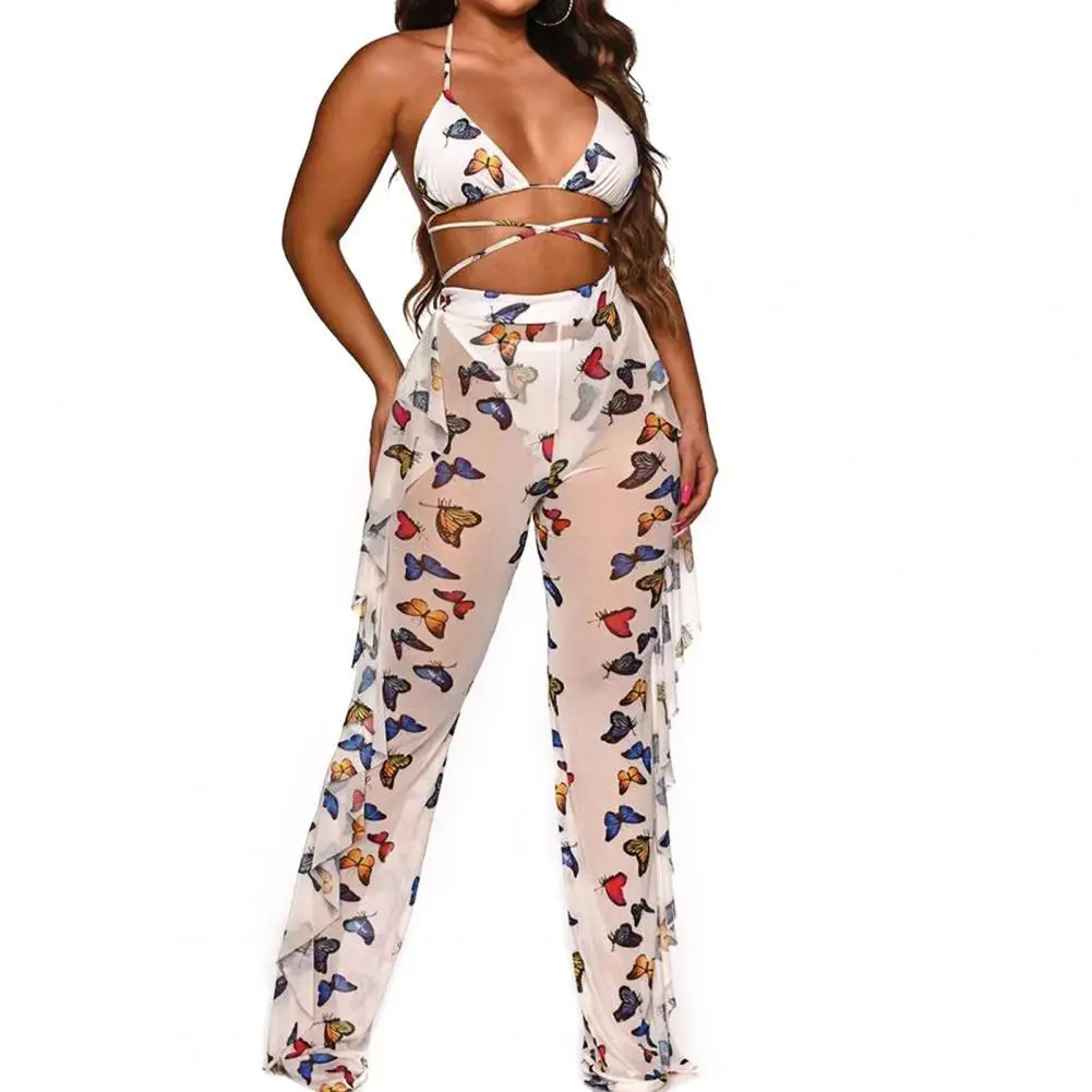 

Summer Women Tie Dye Print Halter Crop Top Ruffle Wide Legs Sexy Bra Wide Leg Pants Backless Suit Outfit Two Piece Set