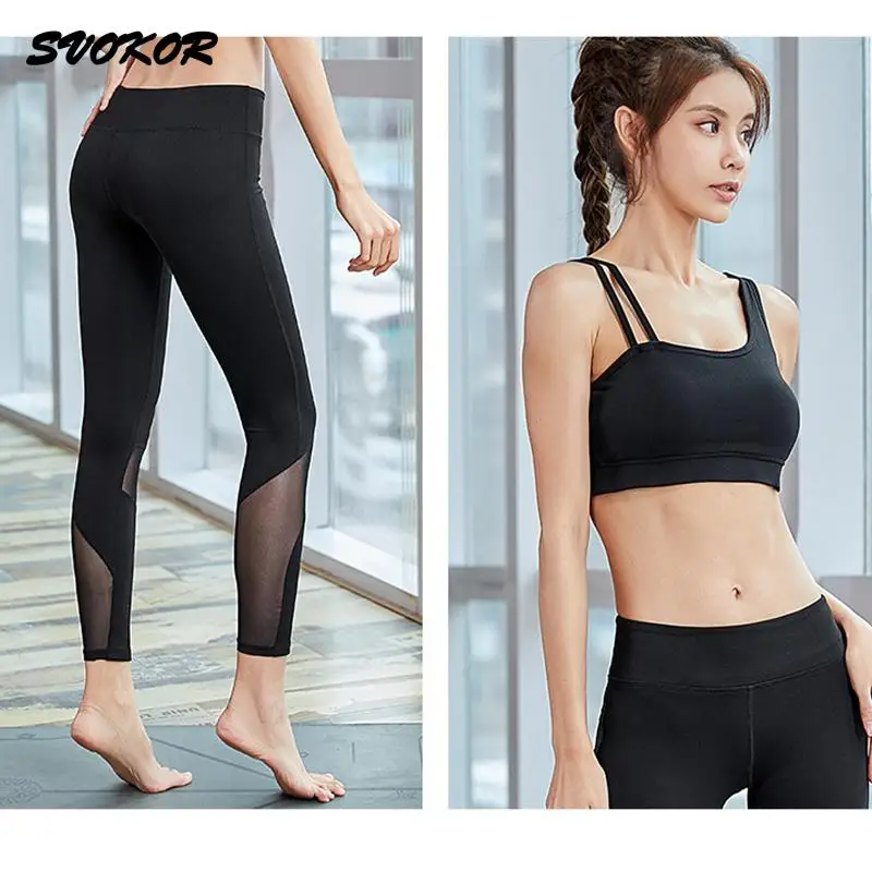 

SVOKOR Side Shoulder Strap Fitness Suit Female Mesh Stitching Sports Suit Gym Workout Summer Yoga Set Quick-drying Two Piece