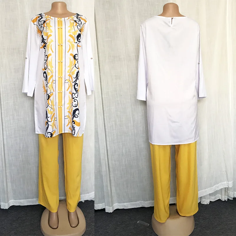 

Two Piece Set Africa Clothes African New Dashiki Fashion Flower Print Suit Top Trousers Super Elastic Party for Women Outfits
