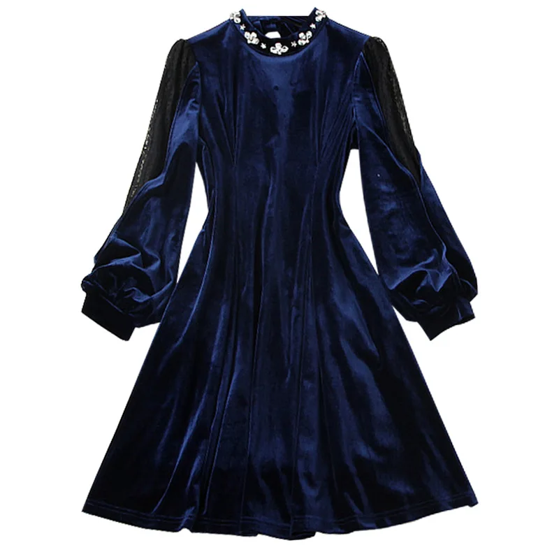 

Vintage Lantern Long Sleeve Diamonds Short Party Dress 2020 Autumn Winter Elegant Navy Velvet Lace Patchwork Mini Dresses