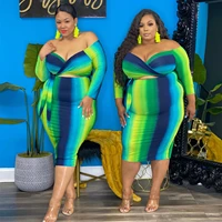 plus size dress women sexy striped high waist off shoulder v neck bodycon stretch office lady blue outfits maxi dresses