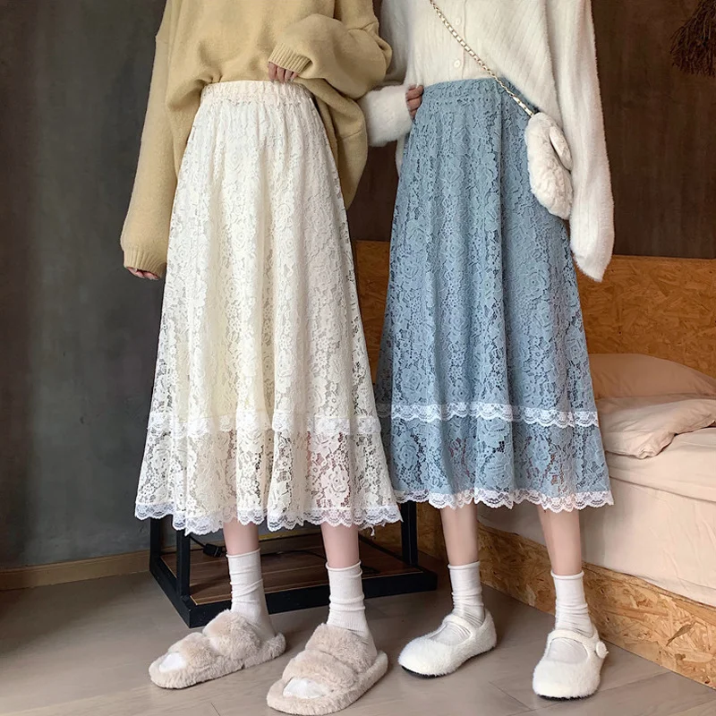 

Черная газовая юбка средней длины на осень и зиму, дизайнерская нишевая трапециевидная юбка с высокой талией, кружевная сетчатая юбка для ж...