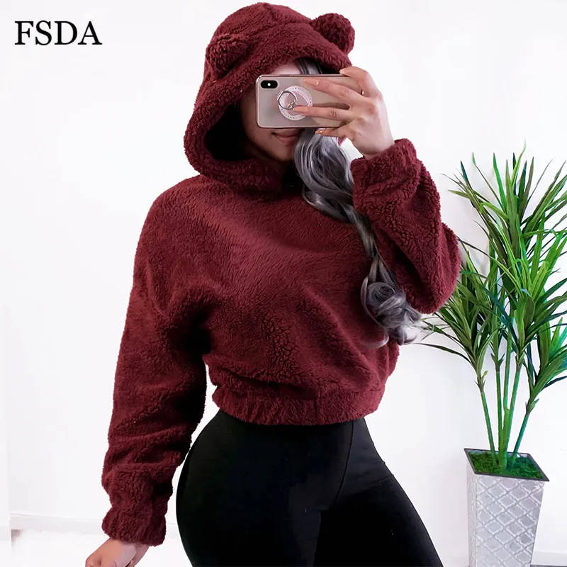 Кроп пуловер Женский флисовый с длинным рукавом и медвежьими ушками|Женские