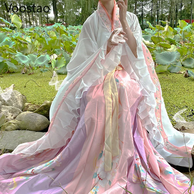 

Chinese Style Traditional Hanfu Costume Women Ancient Ruffles Floral Print Princess Dress Oriental Elegant Fairy Dance Wear Sets
