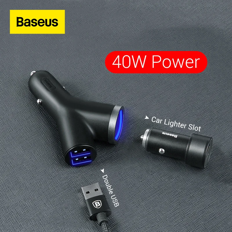 

2022 New Baseus 40W Car Charger for Universal Mobile Phone Dual USB Car Cigarette Lighter Slot for Tablet GPS 3 Devices Car