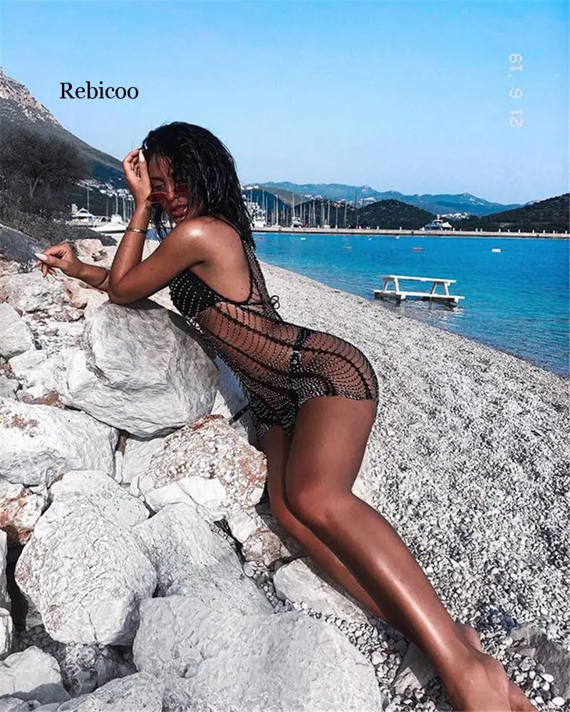 Женское Сетчатое мини-платье в пляжном стиле белое черное платье с U-образным