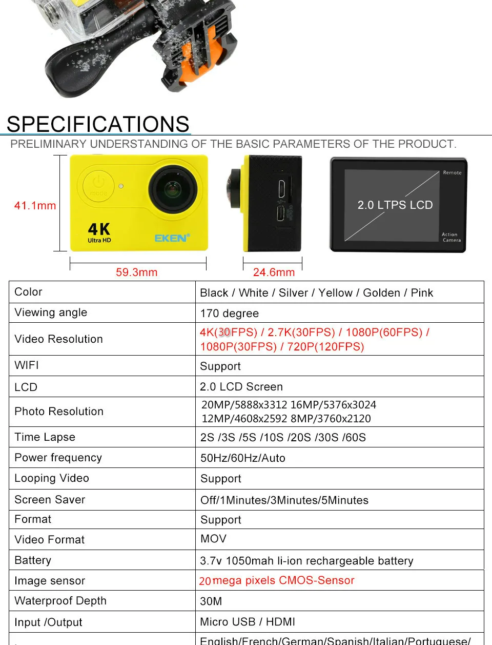 Экшн-камера eken H9 H9R wifi Ultra HD Mini Cam 4 K/30FPS 1080 p/60fps 720 P/120FPS Подводная Водонепроницаемая спортивная видеокамера