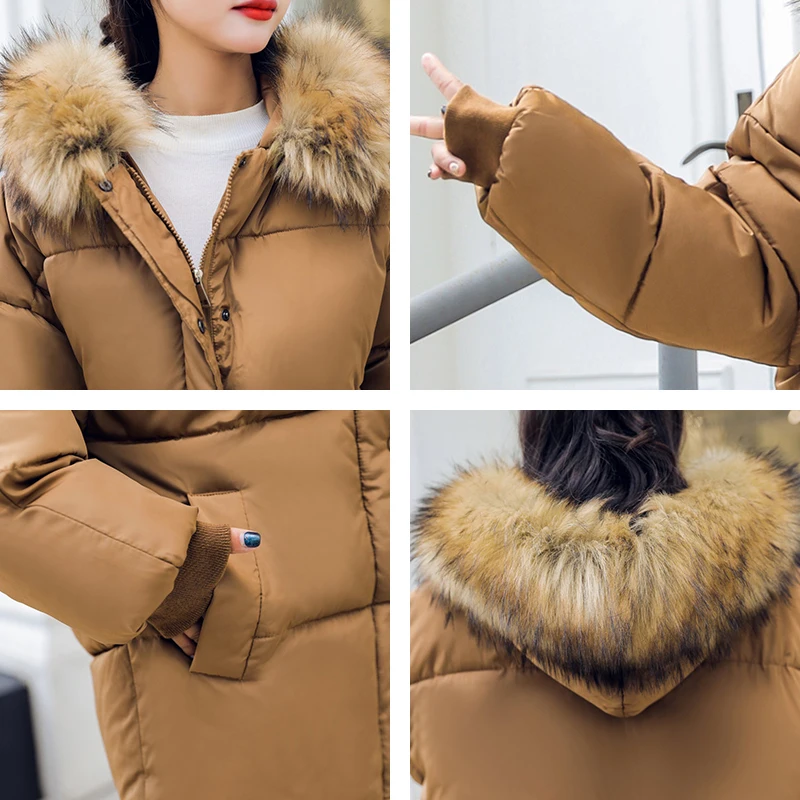 

Thicken Hooded Long Parkas Women Winter Solid Jacket With Fur Collar Cotton Padded Coats Casual Outwear Loose Sobretudo Feminino